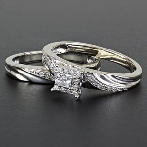 10k White Gold Princess-cut Diamond Wedding Ring Band Set